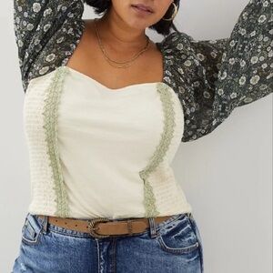 FLORAL L/S CORSET TOP Cream & Green BOHO